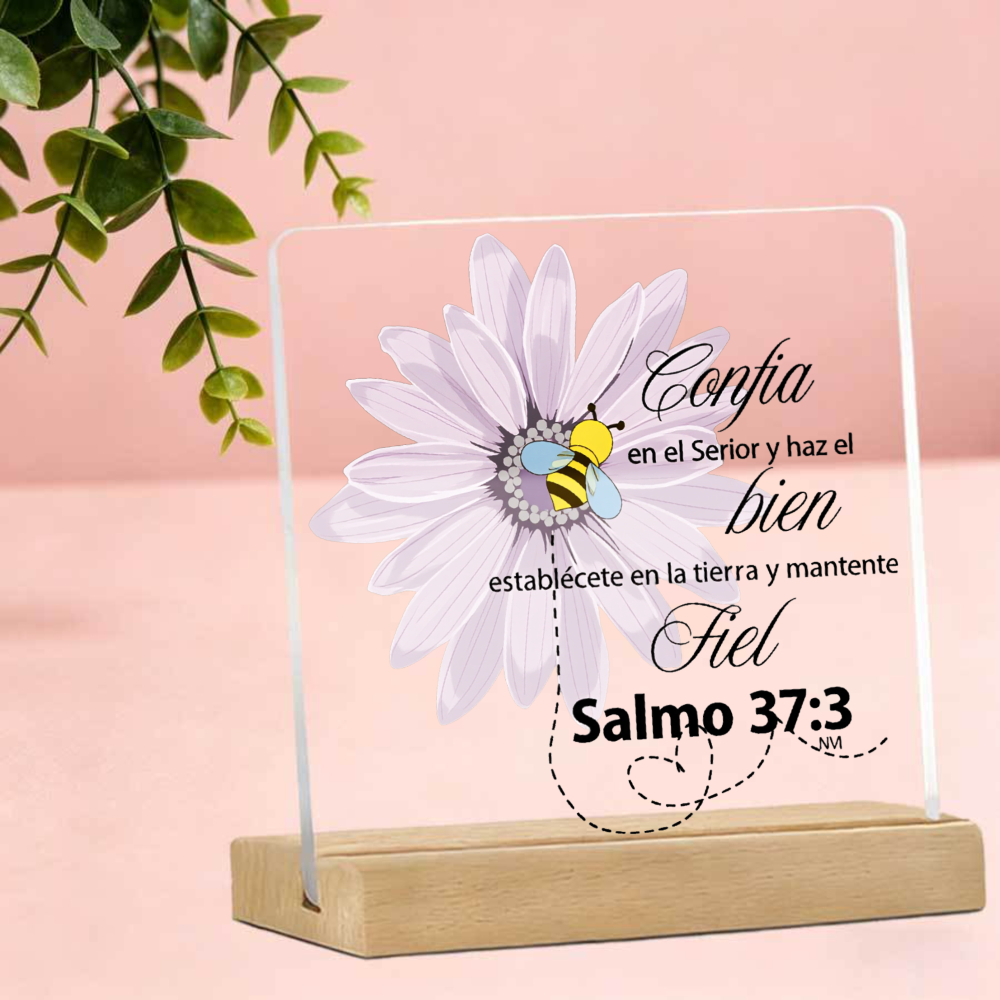 TEMU Letrero de pie 2D con en español para cristianos - Salmo 37:3 " en ", decoración de escritorio con elegante flor y diseño , regalo de fe