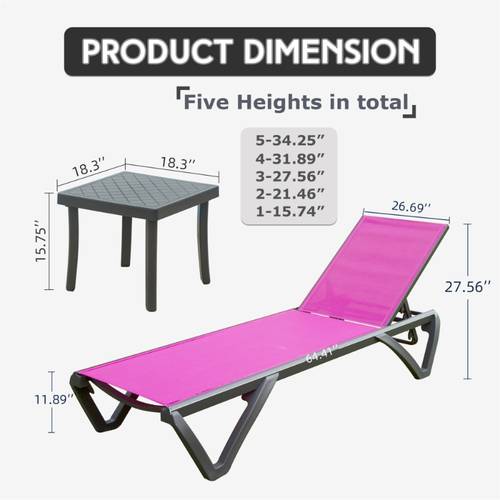 outdoor chaise lounge chair with side table heavy duty aluminum frame all weather plastic cushion 5 position adjustable backrest wheels for pool patio garden or modern outdoor furniture easy low maintenance design ideal for hotels restaurants and home use outdoor chair cushions ergonomic plastic
