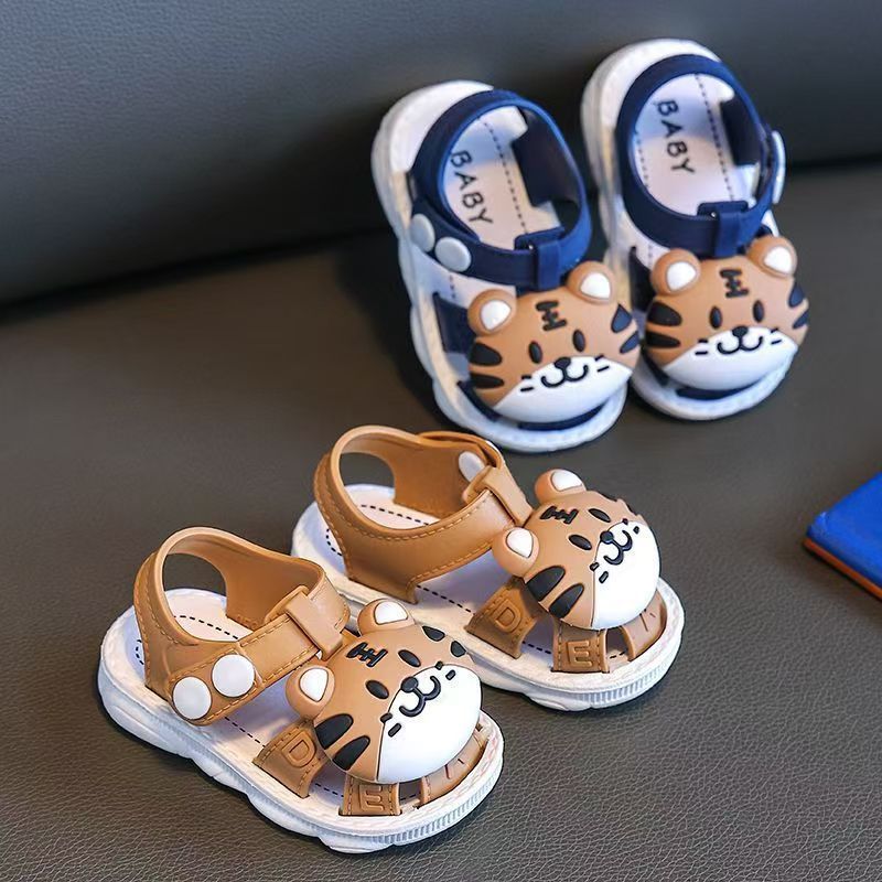 Infant Cartoon Tiger Sandals for Boys and Girls - Summer 2024 Soft Sole Anti-Slip Toddler Walking Shoes with Buckle Closure, Low Top, PVC Upper, Sole and Insole - Baby Protective Toe Cap Sandals