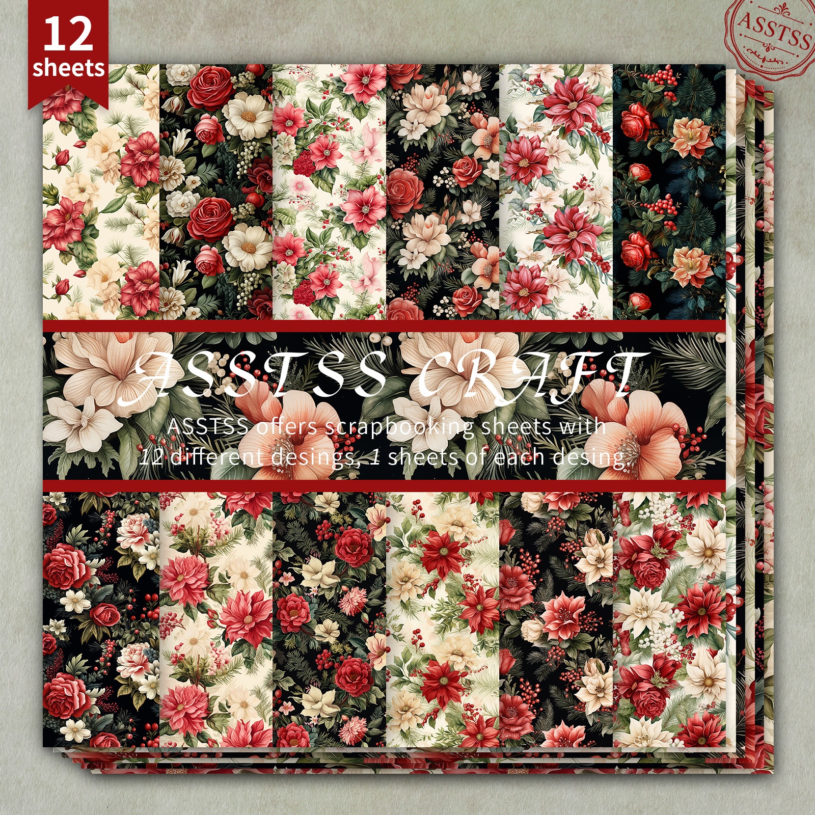 TEMU 12-sheet Asstss 6*6inch Scrapbooking Paper Pad,christmas Vintage Red Tone Flowers Backing Paper Supplies, Heavyweight Cardstock For Journaling,