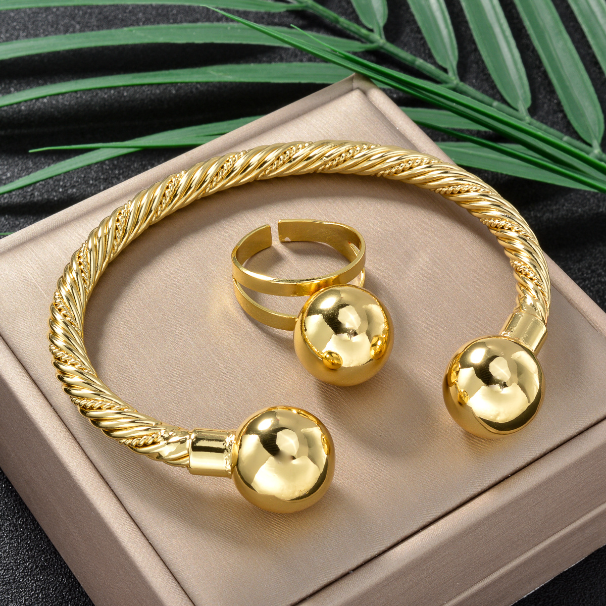 Retro Macrame Rope Textured Sphere Open Bangle Ring Set