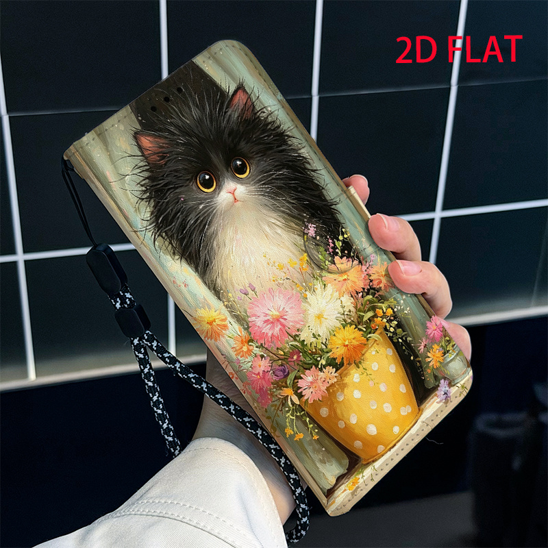 품목 사진 폰 케이스: 2d 평면 프린팅 플라워 하우스 뚱뚱한 고양이 패턴 지갑형 폰 케이스, 카드 홀더, 스탠드, 카드 슬롯, 플립 커버, 랜야드 포함, oneplus 8t/9 pro/9rt 5  pro/10t/11/11r/12/13/13r/15/15  pro/a 2/2 pro/2v/3v/5/5 pro/6/6t/turbo 6v, nord 3/4/n20/n30/n200 5g/3 lite/4/4 lite용, 2d 평면