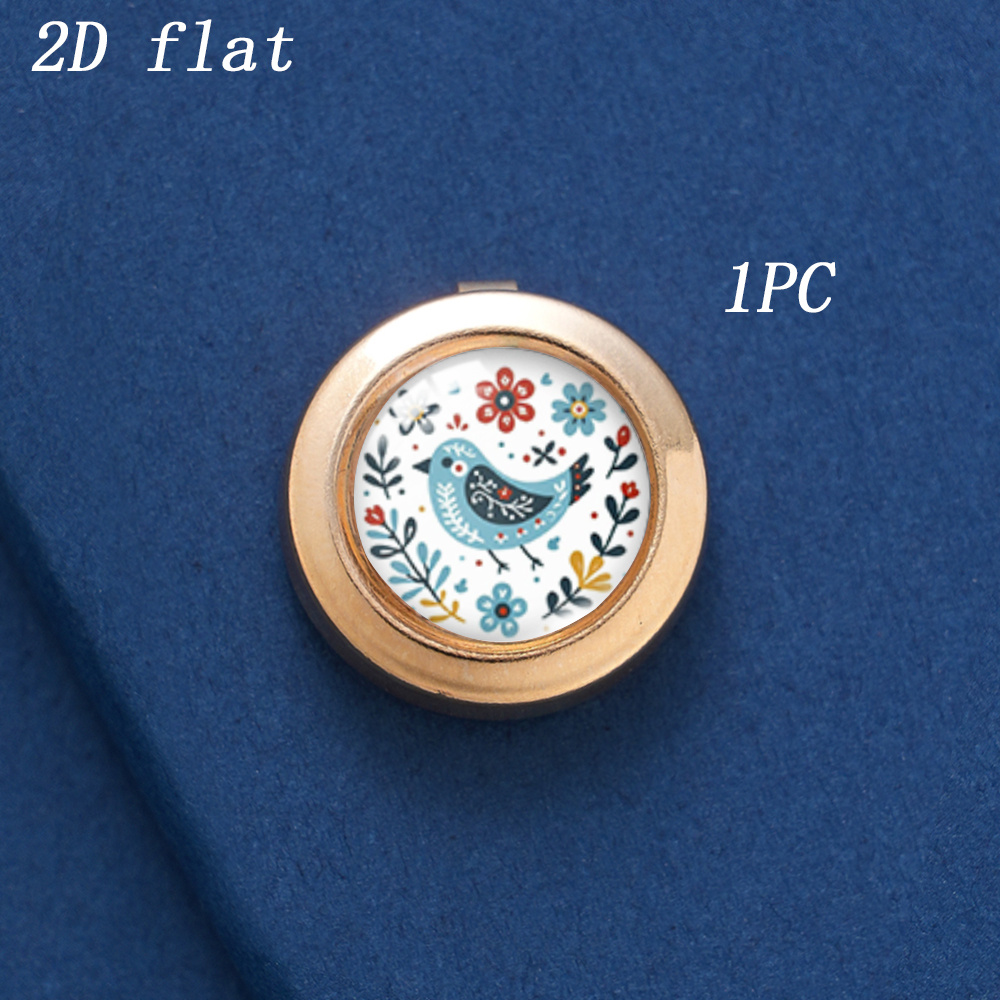 TEMU 1pc Nordic Style Bird, Flower & Branch Pattern Glass Cabochon Shirt Button, 2d Flat Design, Round Metal Texture Detachable Button, Versatile For