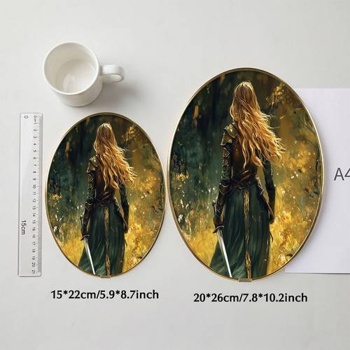1pc framed oval golden framed canvas decor in forest landscape back view of brave knightess in canvas poster fantasy nature scenery art for home offic