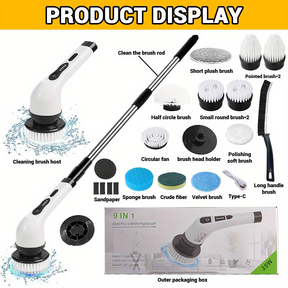 TEMU Cordless Electric Rotating Cleaner - With Interchangeable Brush Heads, Adjustable Extended Handle, 2 Cleaning Speeds - For 360-degree Wireless