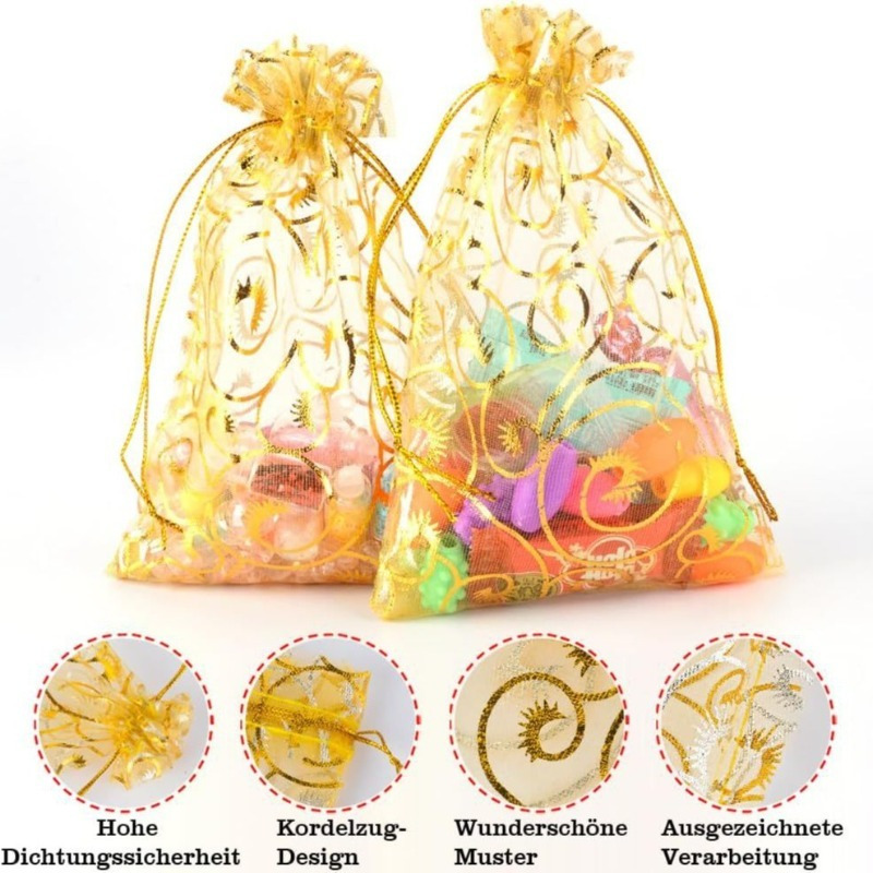 

50-Pack de sacs cadeaux en organza à motif de boucles dorées élégantes, avec cordon de serrage, en tissu, avec des filtres en perles pour de mariage, de bijoux et de fête.