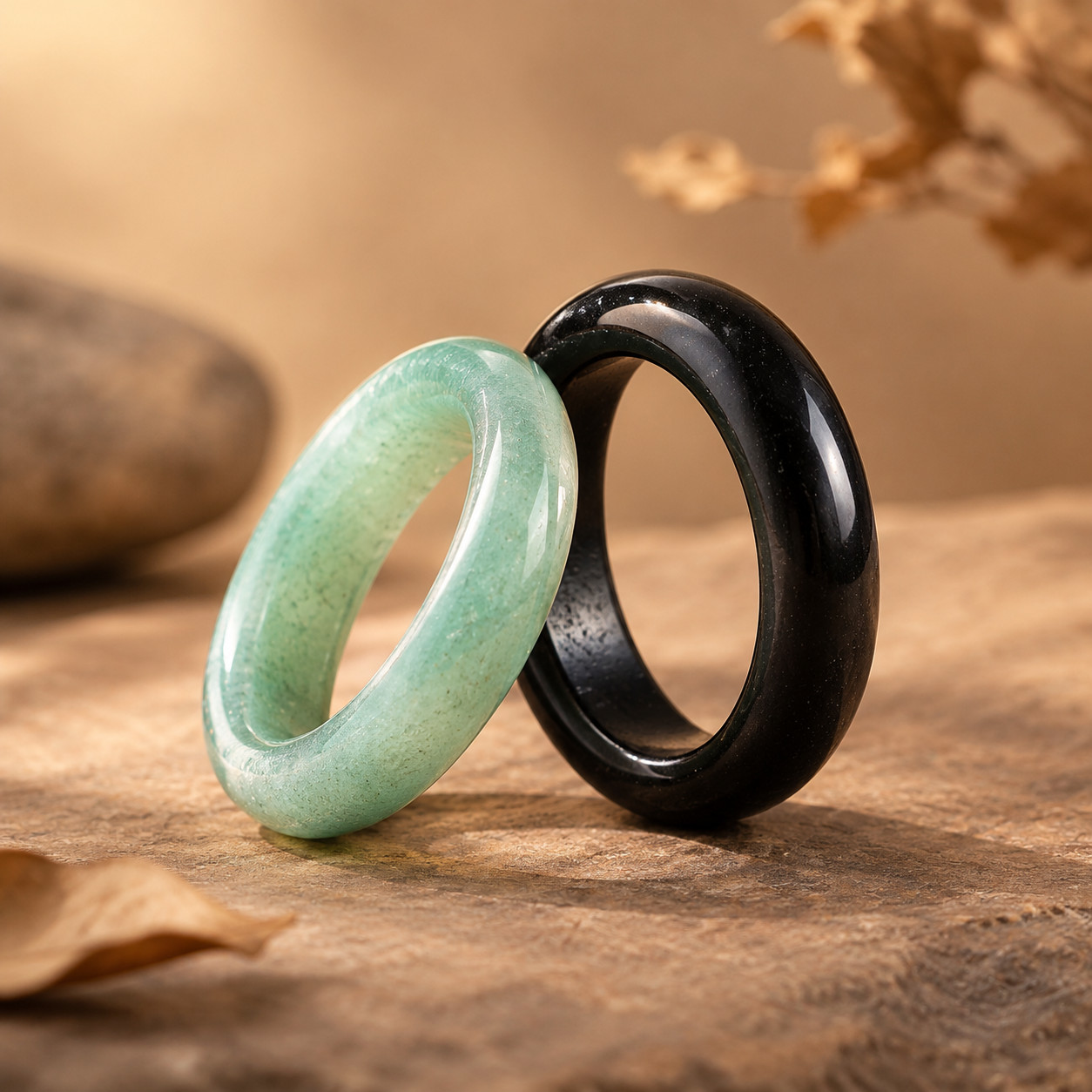 2pc Natural Green Aventurine & Black Obsidian Ring Set, Stackable