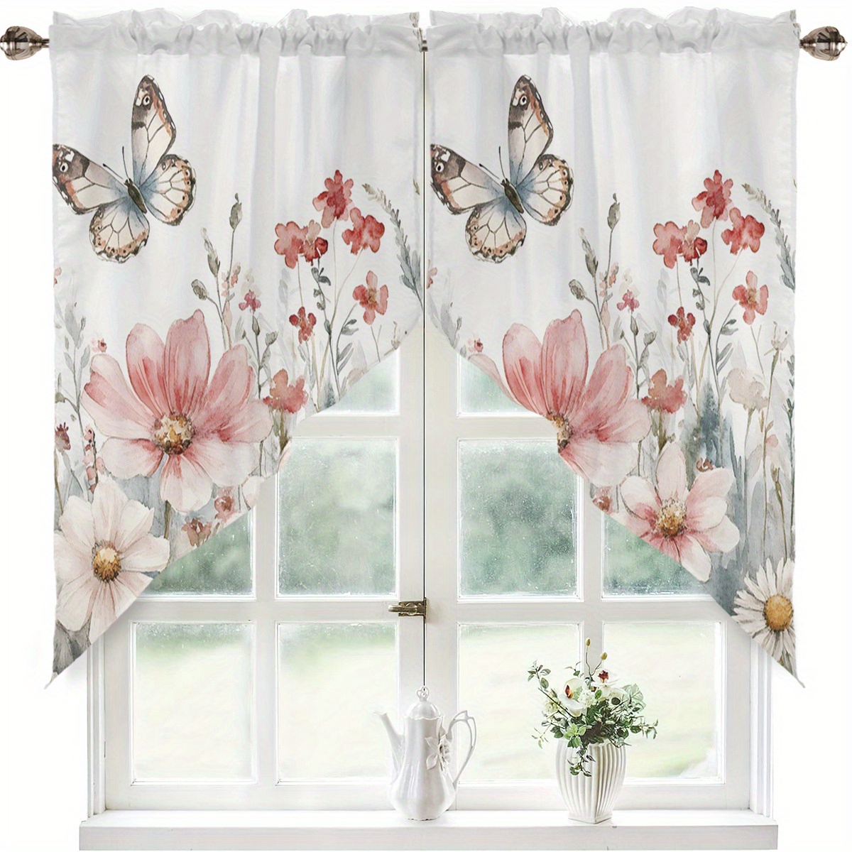 TEMU 2pcs Polyester Watercolor Floral And Pattern Spring Small Curtains, Kitchen Curtains Bedroom Drift Window Curtains, Bringing A Spring Atmosphere