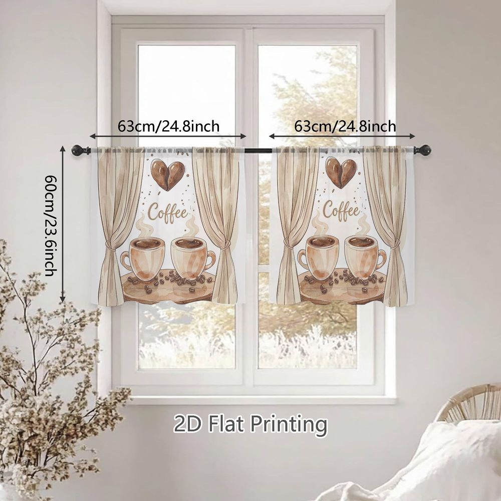 TEMU 2D Flat - 2D Flat - Set aus zwei leichten, transparenten Vorhängen für Frühling und Sommer, mit warmfarbenen Aquarell-Kaffeebechern, die mit