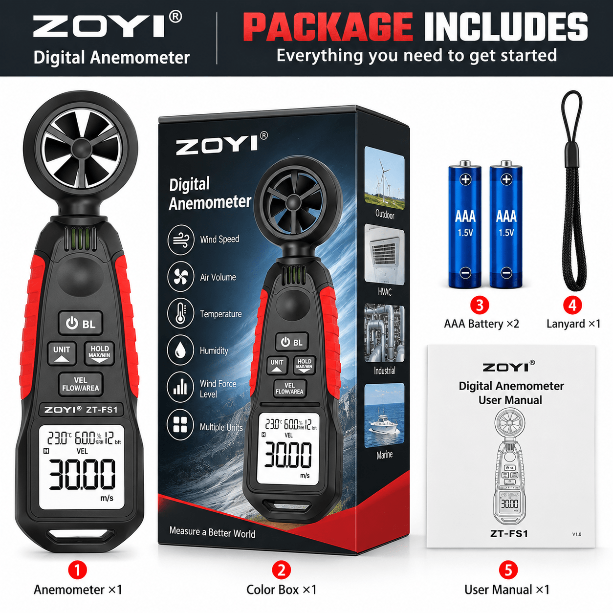 TEMU Zt-fs1 Handheld Digital Wind Meter With Lcd Display - , Wind Speed, Temperature & Humidity Monitor, Cfm Measurement, Adjustable Height, Backlit
