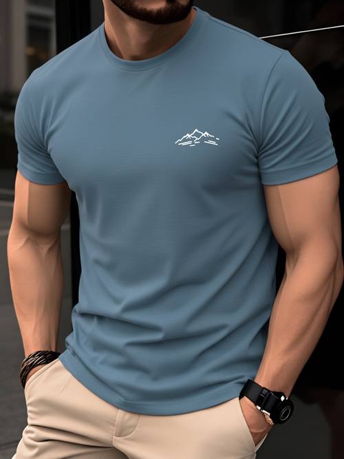 Artikelbild herren-t-shirt zu 100 %, sommer kurzarm-shirt in schmaler passform mit rundhalsausschnitt, trendiges, modisches, vielseitiges, lässiges basisschicht-shirt, schlichtes bergspitzen-linienmuster, das persönlichkeit und spaß zeigt