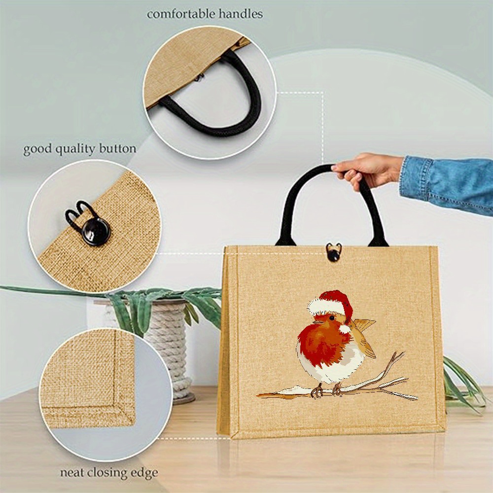 TEMU Christmas Bird Print Tote Bag - Made Of Durable Jute Fabric, Spacious, Perfect For Gifts, Shopping, And Holiday Parties