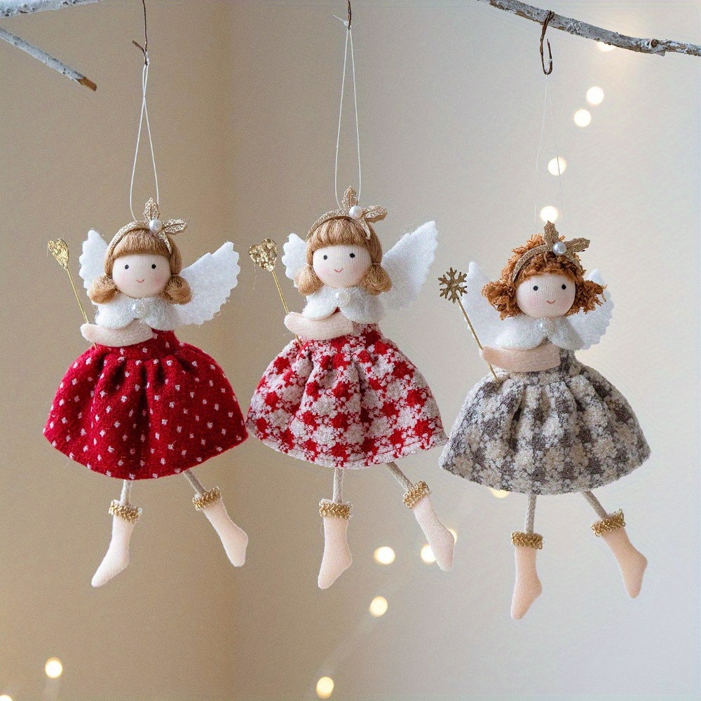 Image of 3pcs Ornate Doll With Pearl Headpiece & Magic Wand - Plush Checkered Skirt Handheld Wand, Hanging Christmas Tree Decoration Suitable For Birthday Party, Holiday Gift, New Year' Dolls (fabric Figures)
