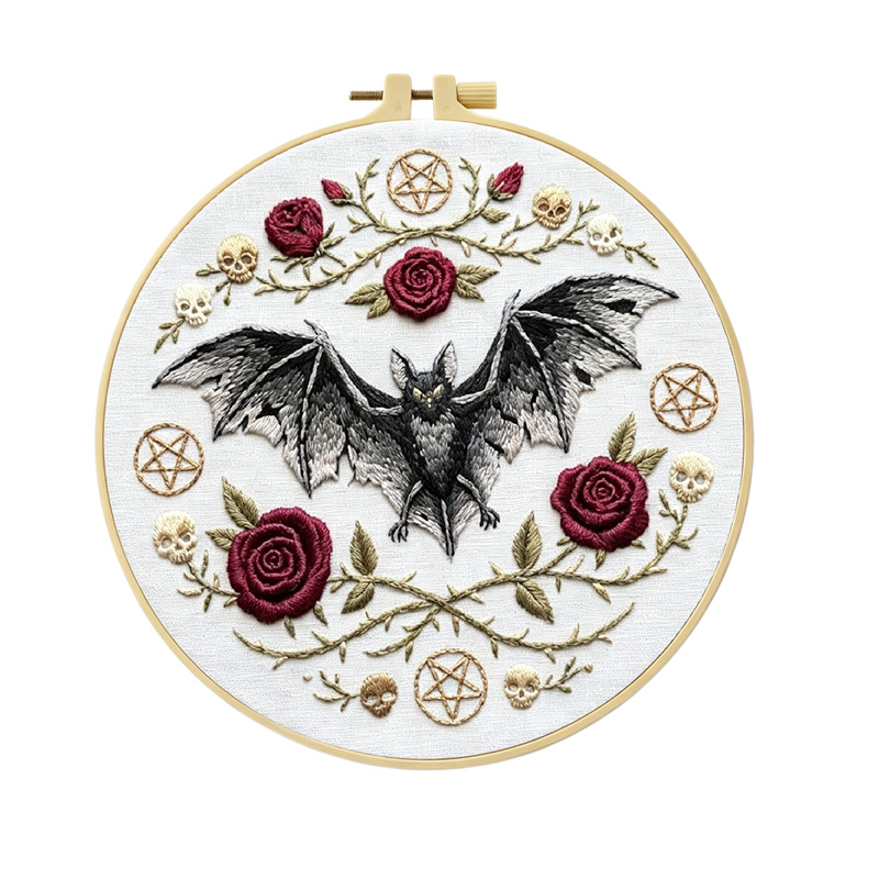Gothic Black Bat Red Rose Skull Embroidery Kit for Beginners