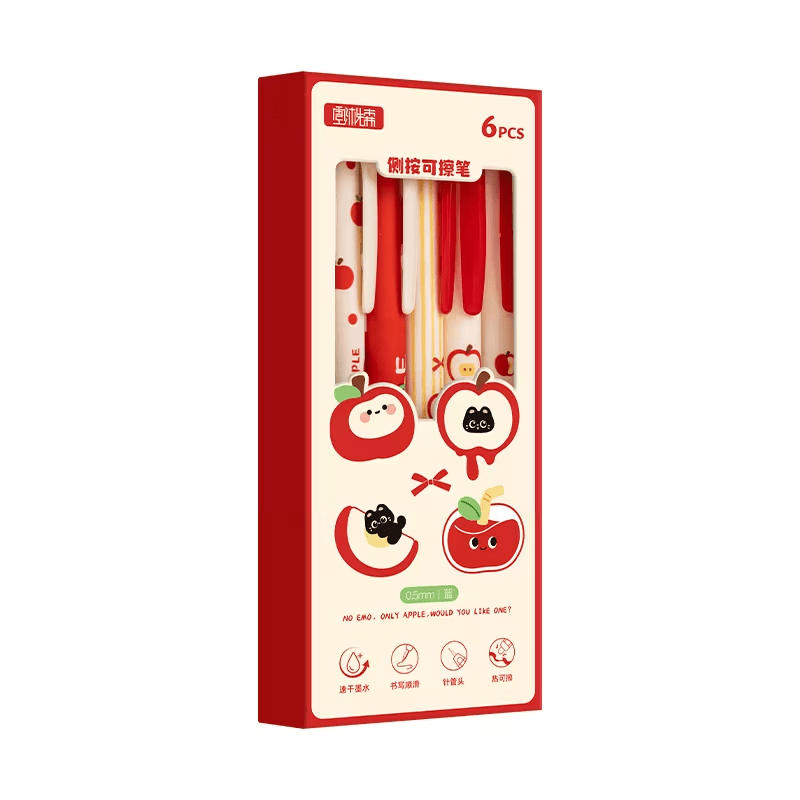 TEMU 6 pièces/boîte Stylos gel effaçables Apple, Pomme , avec gomme intégrée, encre bleue, pointe 0,5 mm, fournitures scolaires et de bureau, rentrée