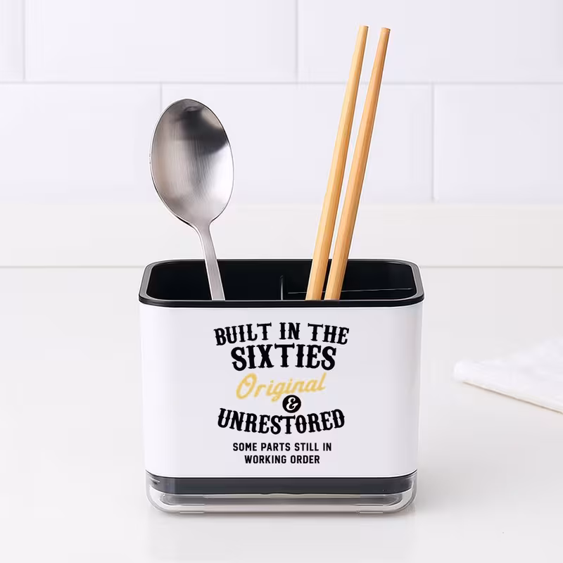 print kitchen utensil organizer cute utensil holder with spatula slot spoon fork compartments durable plastic countertop storage for farmhouse sink space saving black white utensil organizer for spoons knives spatulas Product details 5