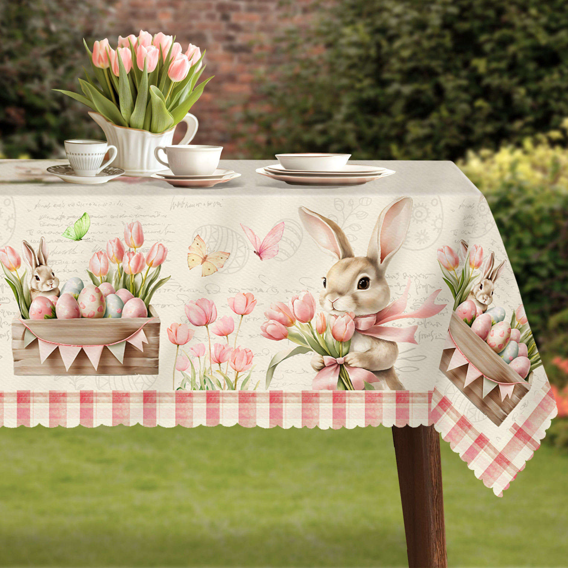 TEMU 1pc Easter Tablecloth - And Floral Bunny, Tulip, Table Cover With Checkerboard Border - Machine-washable Rectangular Dining Decor For , Spring