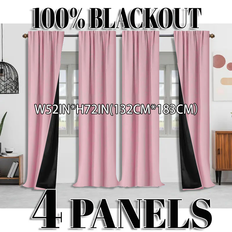 TEMU 4pcs, 100% Blackout And Heat-insulating Curtains, Modern Solid Color Polyester Material, Rod Hanging Method, Rod , Coated Lining, Lightweight,
