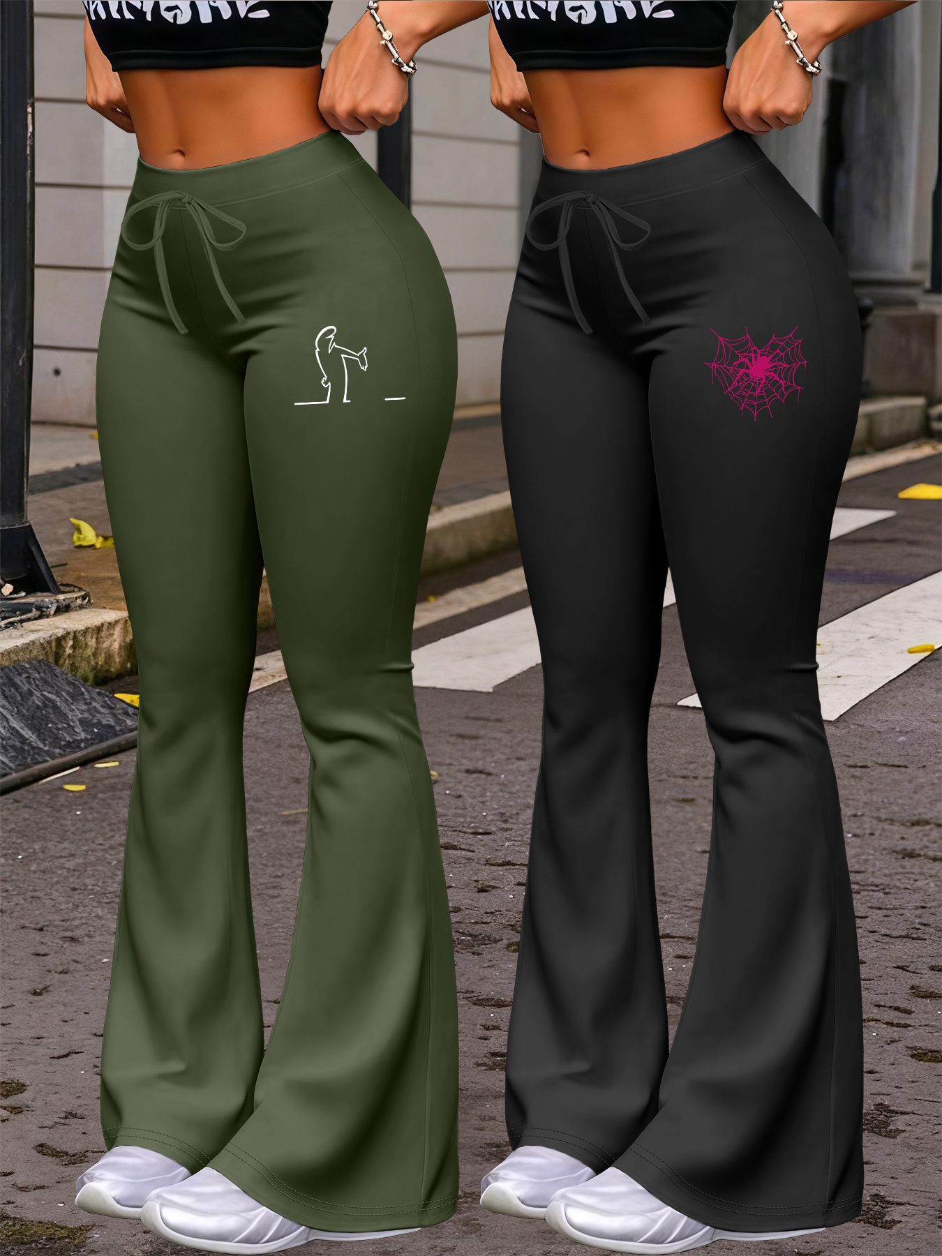 New Autumn Women's Clothing from Europe and America, Featuring Cartoon Line Art Animal and Spider Web Print Patterns, for Daily Casual Wear. Includes Two Pairs of Comfortable, Slim-Fit, Stretchy Fiber Fabric Straight-Leg Tapered Pants with Drawstring