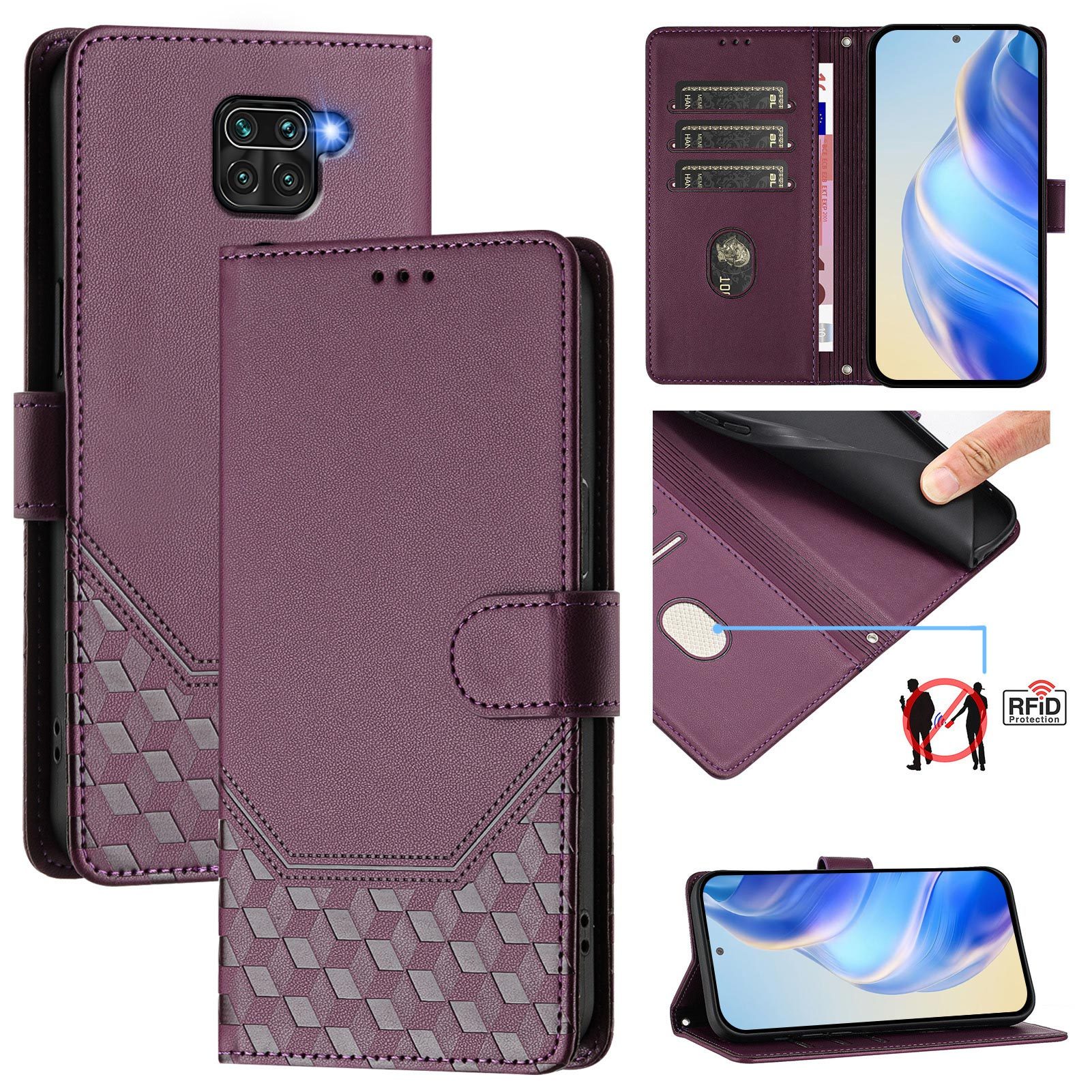 Trn za telefon: Trn iz sintetičnega usnja z vrvico, primeren za Redmi NOTE 9 4G/Redmi 10X 4G, denarnica s 4 režami za kartice, vzorec satovja,