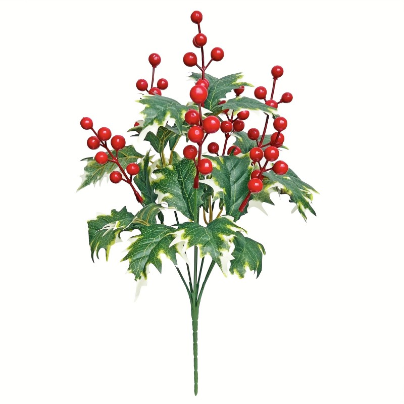 TEMU 1pc Artificial Christmas Berries Bouquet With Red Berries, Holly & Berries - Realistic Plastic Flowers In Clear Vase With Golden Dots,