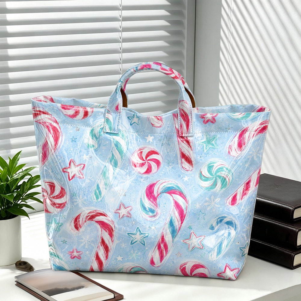 1pc, Light Blue Christmas Candy Cane Lollipop Glossy Pvc Tote Bag, Large Capacity Handbag, Snowflake Candy Print For Shopping Outdoor Travel