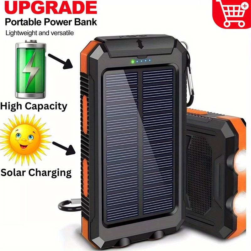 900000mAh Solar Power Bank – 4 USB Ports – External Backup Battery Charger With Built-in Cables – Rugged, Portable