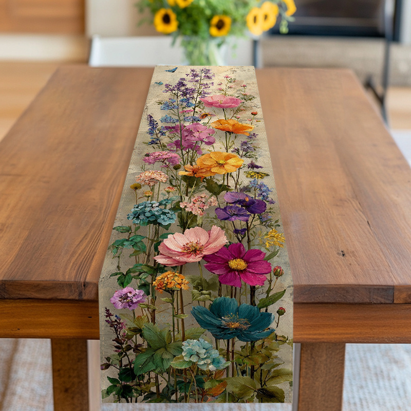 E-shop Tischläufer, Tischdecke, Blumendesign mit Schmetterlingen, mehrfarbiger Farbton, für Frühling, Valentinstag, Muttertag, Geburtstag, Hochzeit