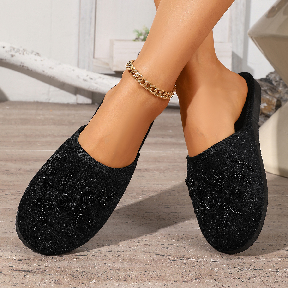 TEMU 2026 New Chinese-style Three-dimensional Embroidered Half-slippers For Women, Ancient-style Floral Embroidery Soft-soled House Slippers,