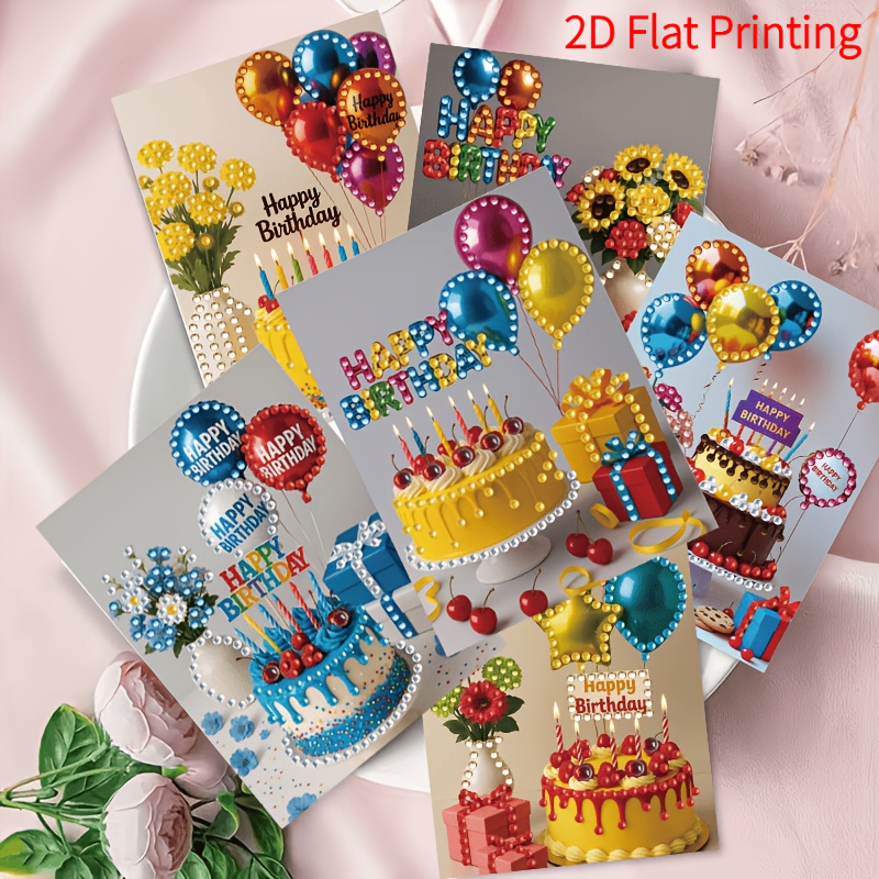 TEMU Hot New 6pcs 2d Flat Diamond Painting Greeting Cards - Birthday Series, Design. Round Rhinestone Painting Card Handmade Kit Includes 6pcs Cards,
