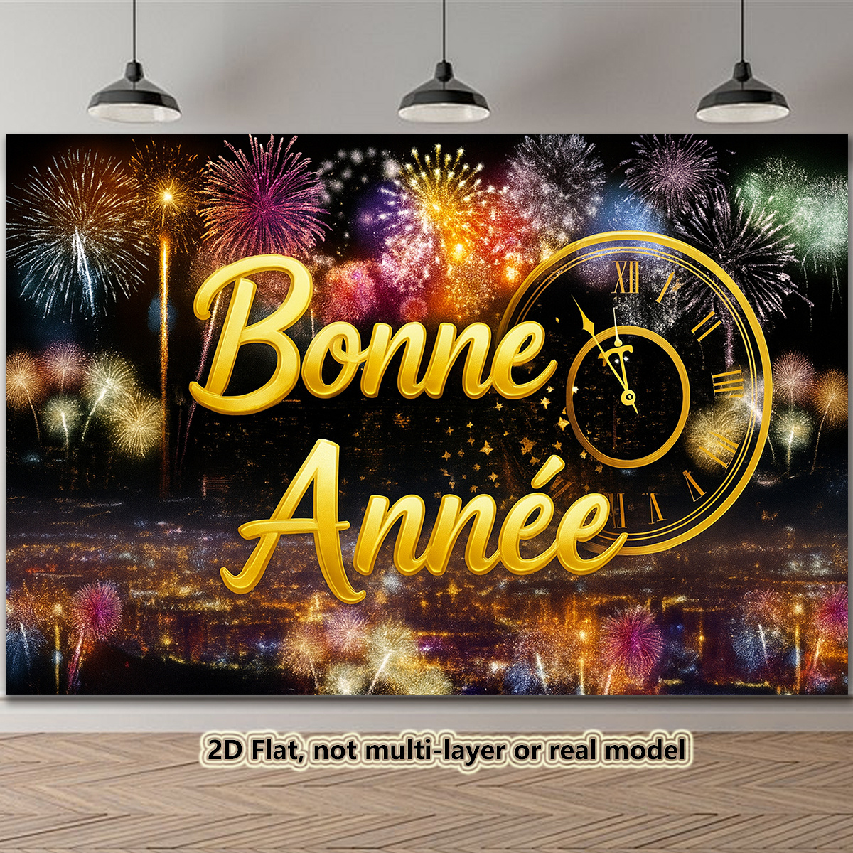 TEMU Décoration de An 2D Plate, 1 Pièce Grand Fond de Soirée avec Horloge Dorée et Français " Année" - Paysage de Feux d'Artifice Champagne Doré,