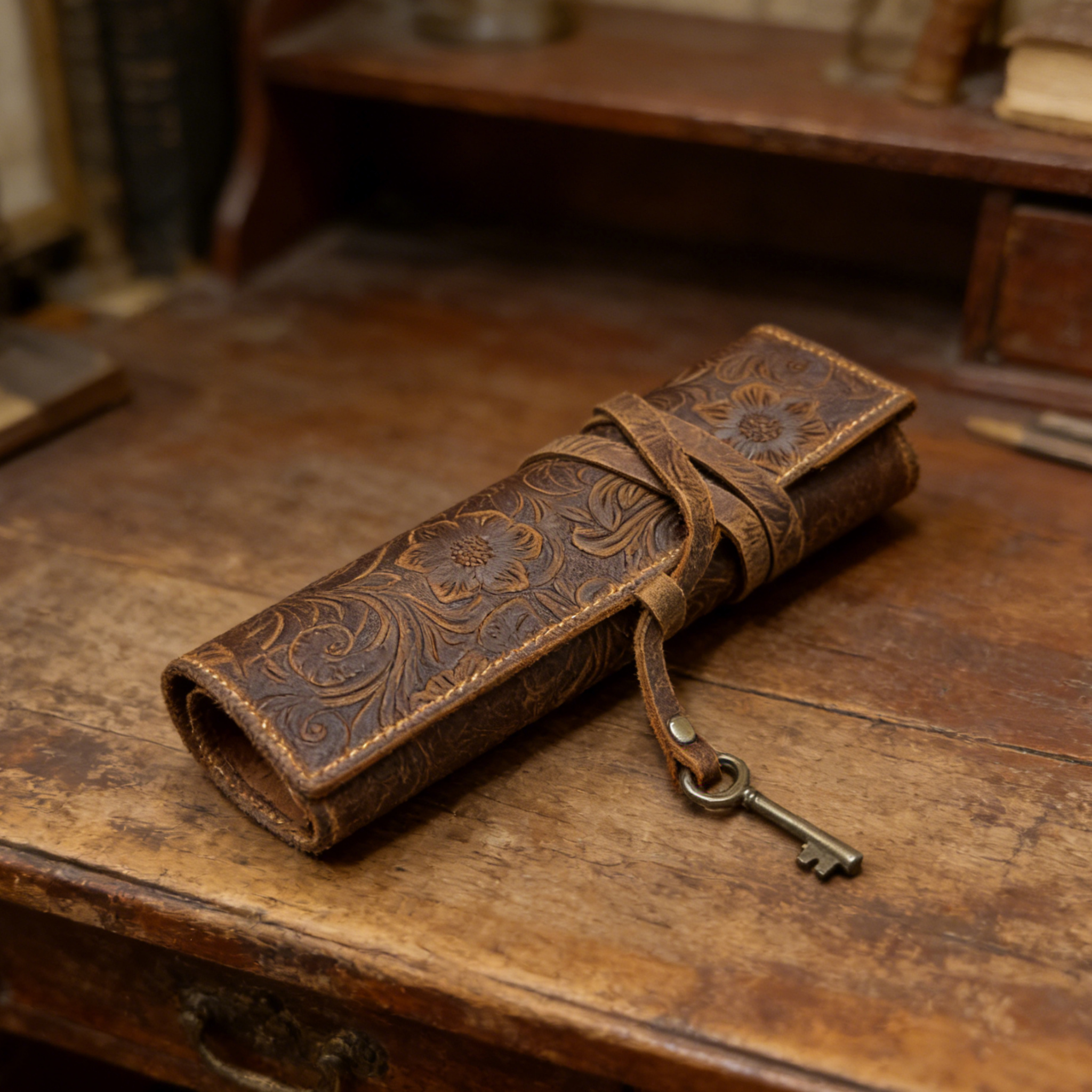 Vintage Genuine Leather Pencil Case with Elegant Print, Vintage Handmade Pencil Case with Multiple Slots, Genuine Leather Calligraphy Pen Holder, Portable Artist's Kit, Document Organizer