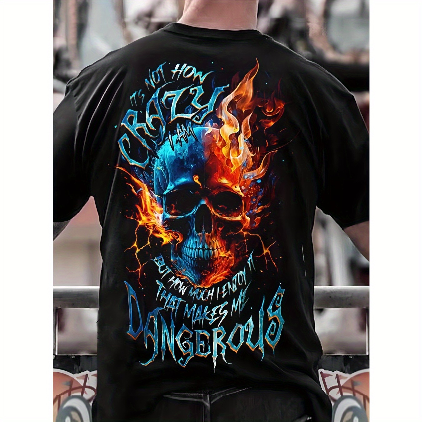 

1pc Men's Plus Size 3d Skull Fire Graphic T-shirt, Casual Crew Neck Short Sleeve Tee, Cotton Knit Fabric With Slight Stretch, Printed Outdoor Shirt