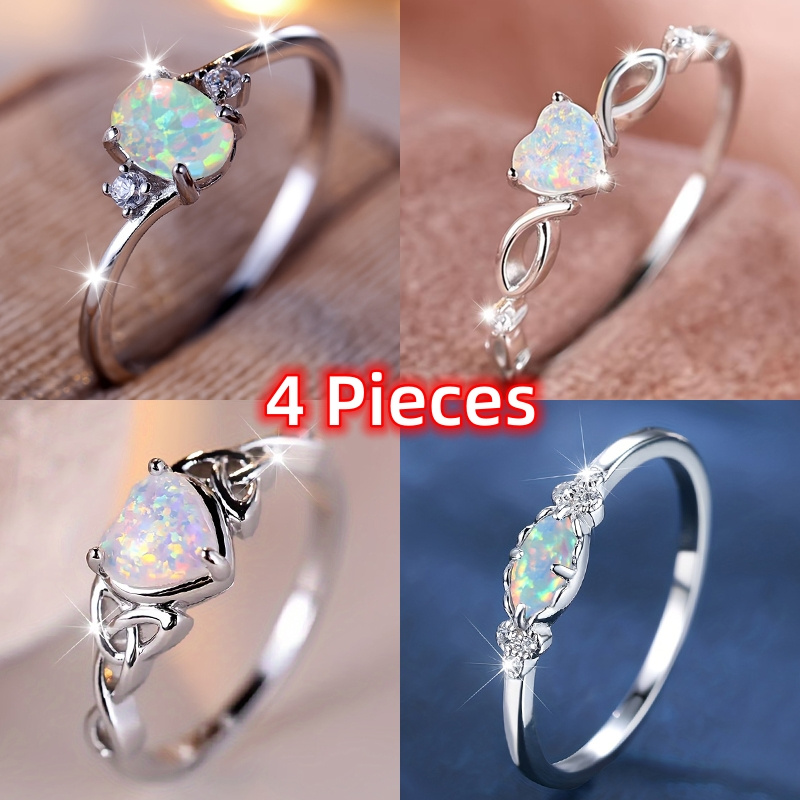 TEMU 4 Gorgeous Bohemian Opal Promise Rings - Sparkling Rhinestones And Colorful Lights Engagement Or Wedding Rings, Suitable For Women And Girls Valentine's Day Jewelry, Christmas Gifts