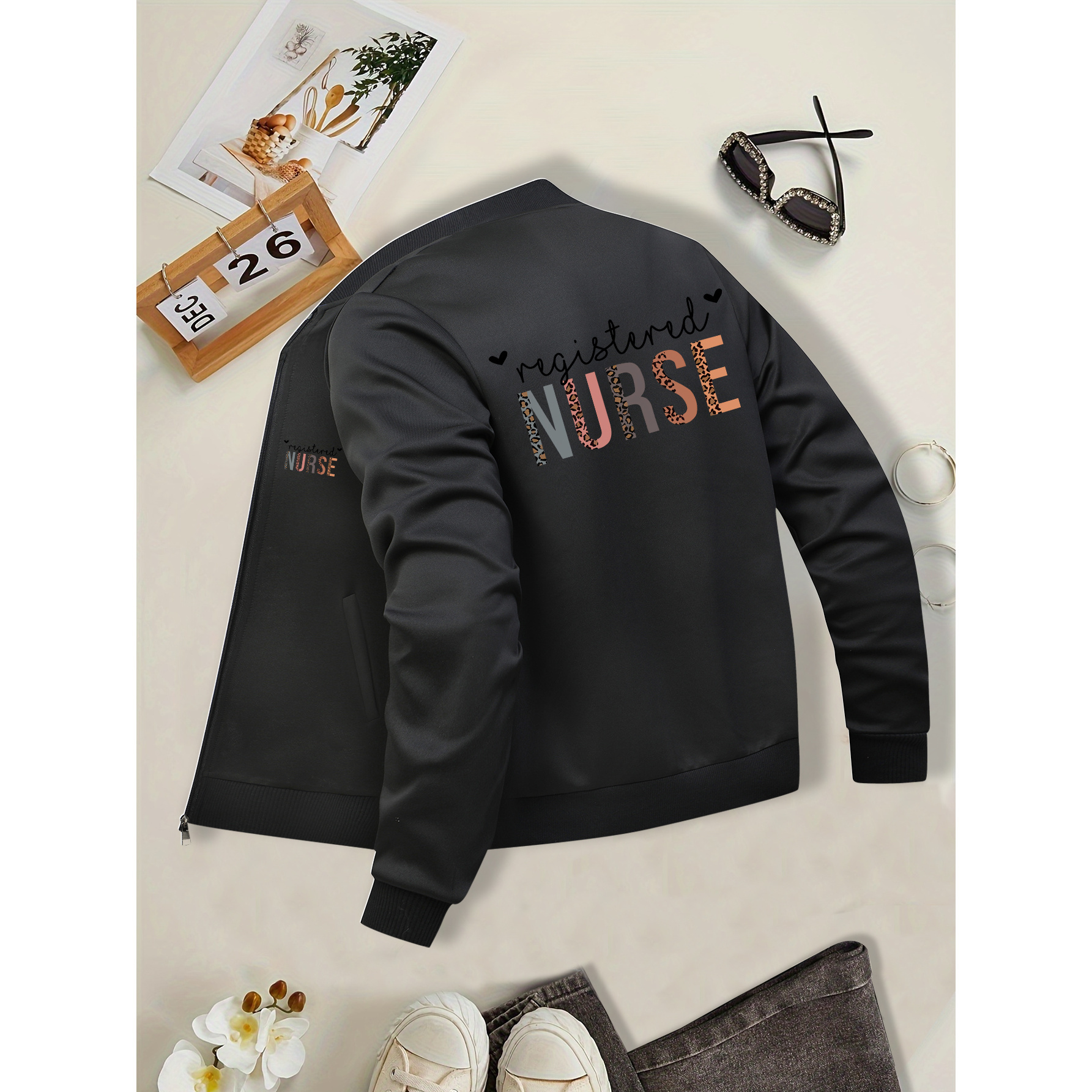 

1pc Nurse Knit Polyester Jacket For Women, Long Sleeve Zip-up Coat With Baseball Collar And Pocket,