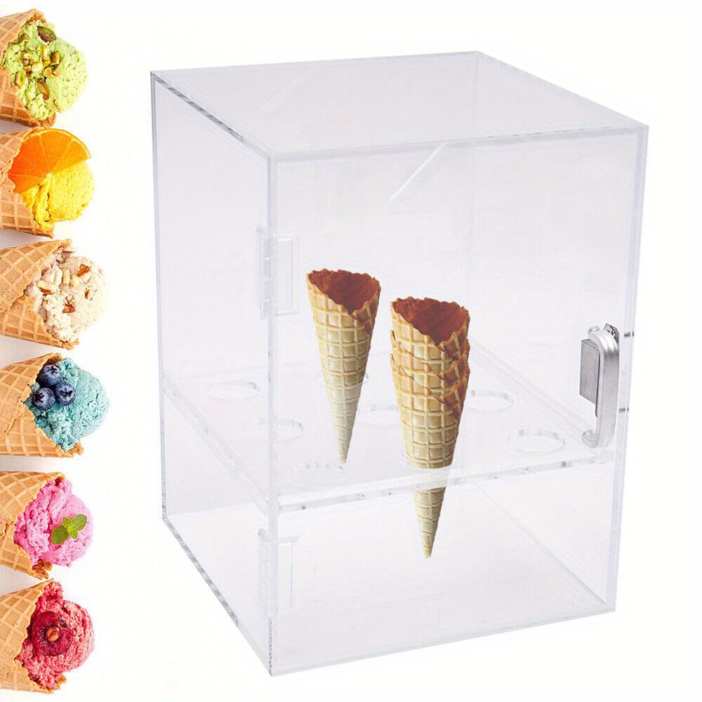Image of 9 Holes Clear Ice Cream Cone Holder 8.66" W X 8.66" L X " H Transparent Cone Display Cabinet Ice Cream Cone Bracket Acrylic Display Cabinet With 9 Holes Handles