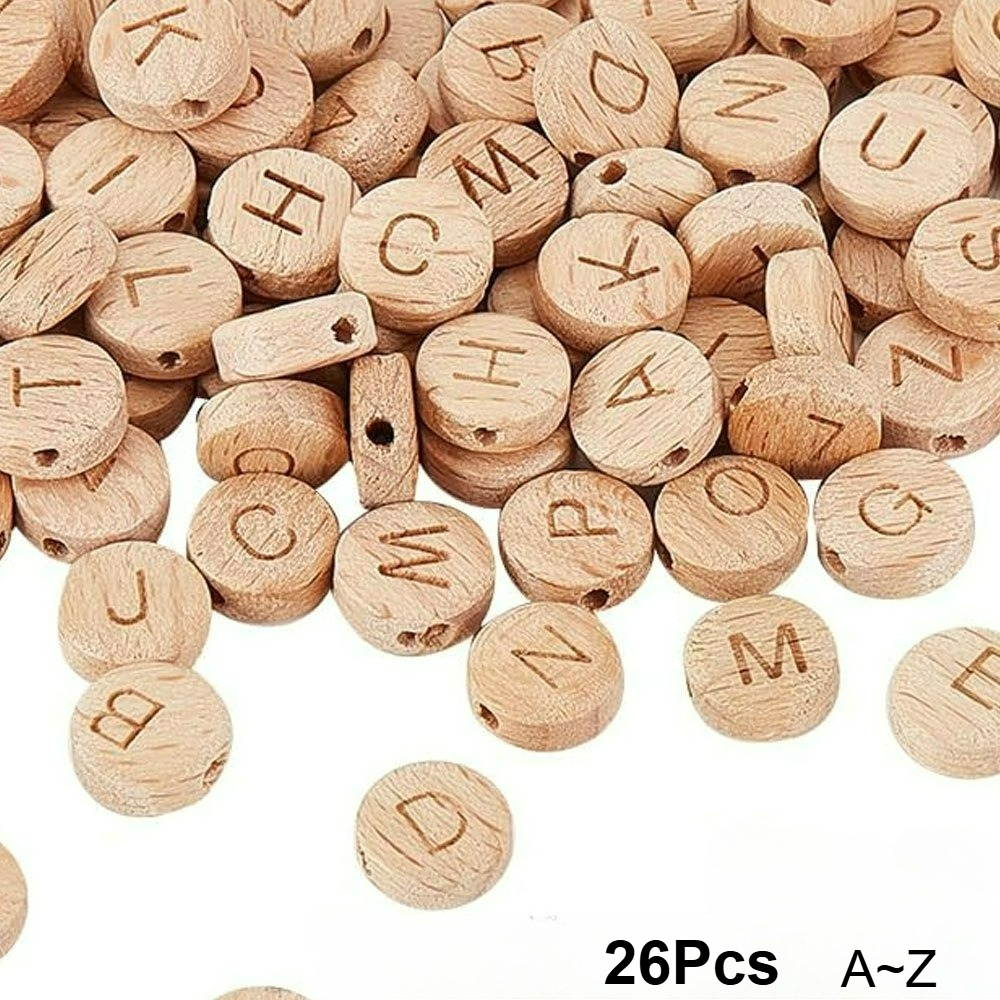 2d Flat - 26pcs 15mm Flat Wooden Letter Beads Suitable For Jewelry Making Bracelets, Pendants, Keychains, Decorative Beads, Easy Design, Durable Wooden Beads