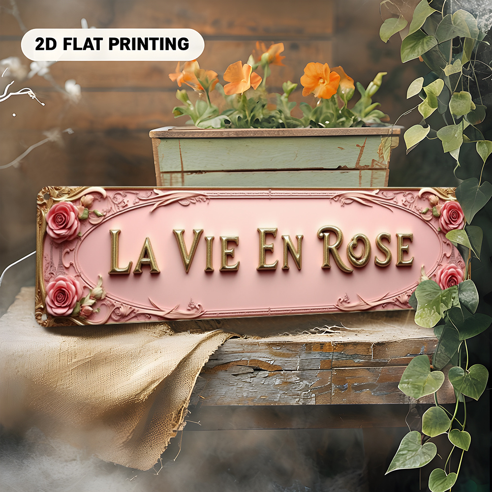 TEMU 2d Flat - Large Retro French Wall Decor "" - On A , Gorgeous Large Roses And French Text Metal Plaque, Suitable For Outdoor Decoration