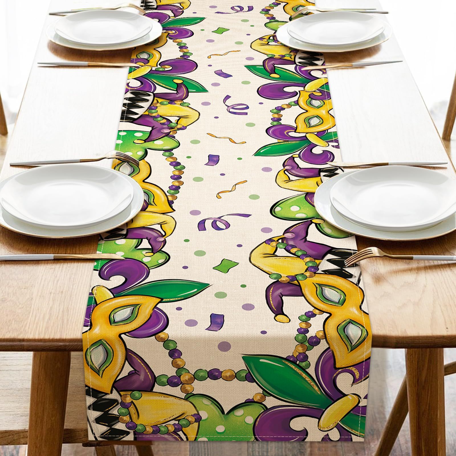 

1pc Chemin de table en polyester pour de Mardi Gras, décoration à avec un motif de camion et d'iris pour les repas en intérieur et en extérieur, décoration générale pour les fêtes de .