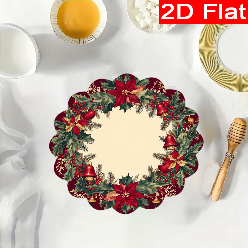 Image of 8pcs Christmas Featuring Floral Garlands, Poinsettias, And Designs (69). Round Lace Winter Placemat Measuring 15 Inches, Ideal For Festive Table Settings, Gatherings, And Home Decor