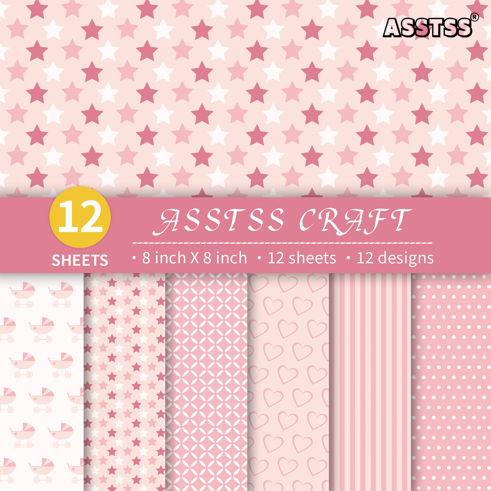 TEMU Lot de 12 feuilles de papier scrapbooking ASSTSS de 8 X 8 pouces, papier de base rose pour bébé fille, style géométrique et ludique pour fête de