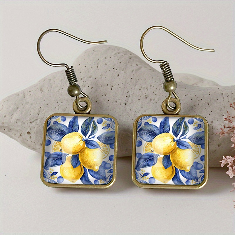 TEMU 1 Pair Watercolor Lemons Square Earring Retro Glass Dangle Earrings Handmade Jewelry Gift For Friend
