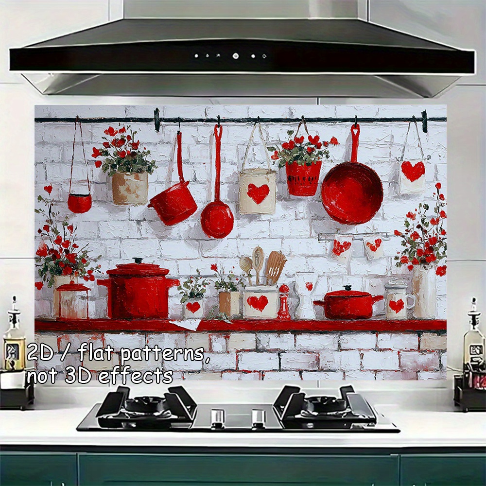 TEMU Pack Of 2, Oversized Red Kitchen Wall Sticker - Self-adhesive Pvc Wallpaper Style Decoration With Heart-shaped Hollow Out, Pot Pattern - Easy To