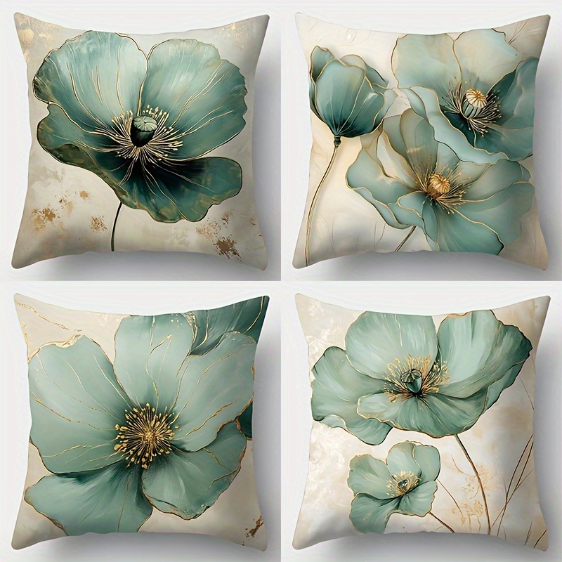 TEMU 4pcs Vintage Floral Pillowcase Set, Polyester Fabric Pillow Covers, Teal For Lotus Flower Pattern Sofa Cushion Covers With Zipper Closure, 3