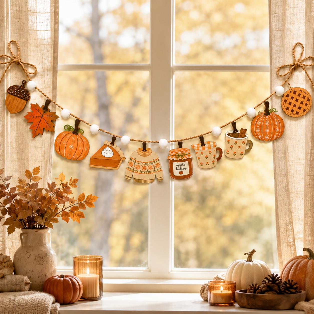 TEMU Lot de 10 décorations suspendues en bois pour couronne d'automne, avec de , feuilles d'érable, à la citrouille, pot de aux pommes et tasse de