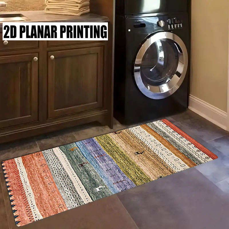 TEMU 1pc Kitchen-themed Long Runner Rug, 2d Flat Printing Retro Bohemian Striped , Runner Special Flannel Soft Comfortable Machine Washable Carpet,