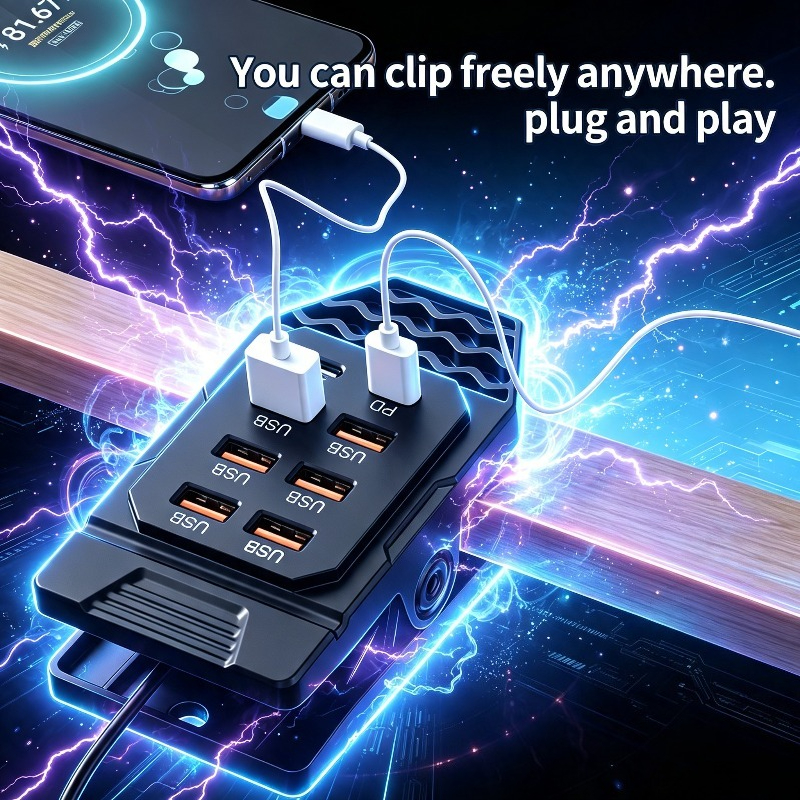 TEMU 8-port Usb Clip Charging Station, 6 Usb Ports + 2 Type-c Ports, Multi-device Fast Charging , Compatible With Laptops, Tablets, And Phones,