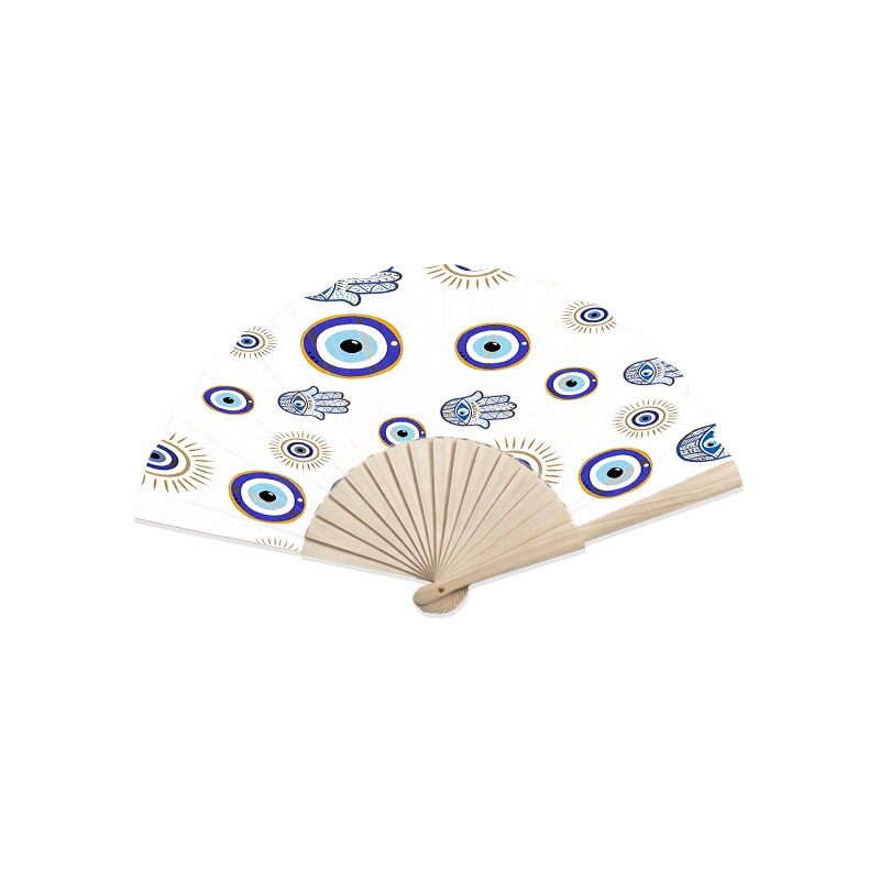 TEMU 1pc Wooden Fan, Handheld Folding Fan, Lightweight And Portable Summer Cooling Fan - Turkish Evil Eye Pattern, Ideal For Parties, Weddings, Dance