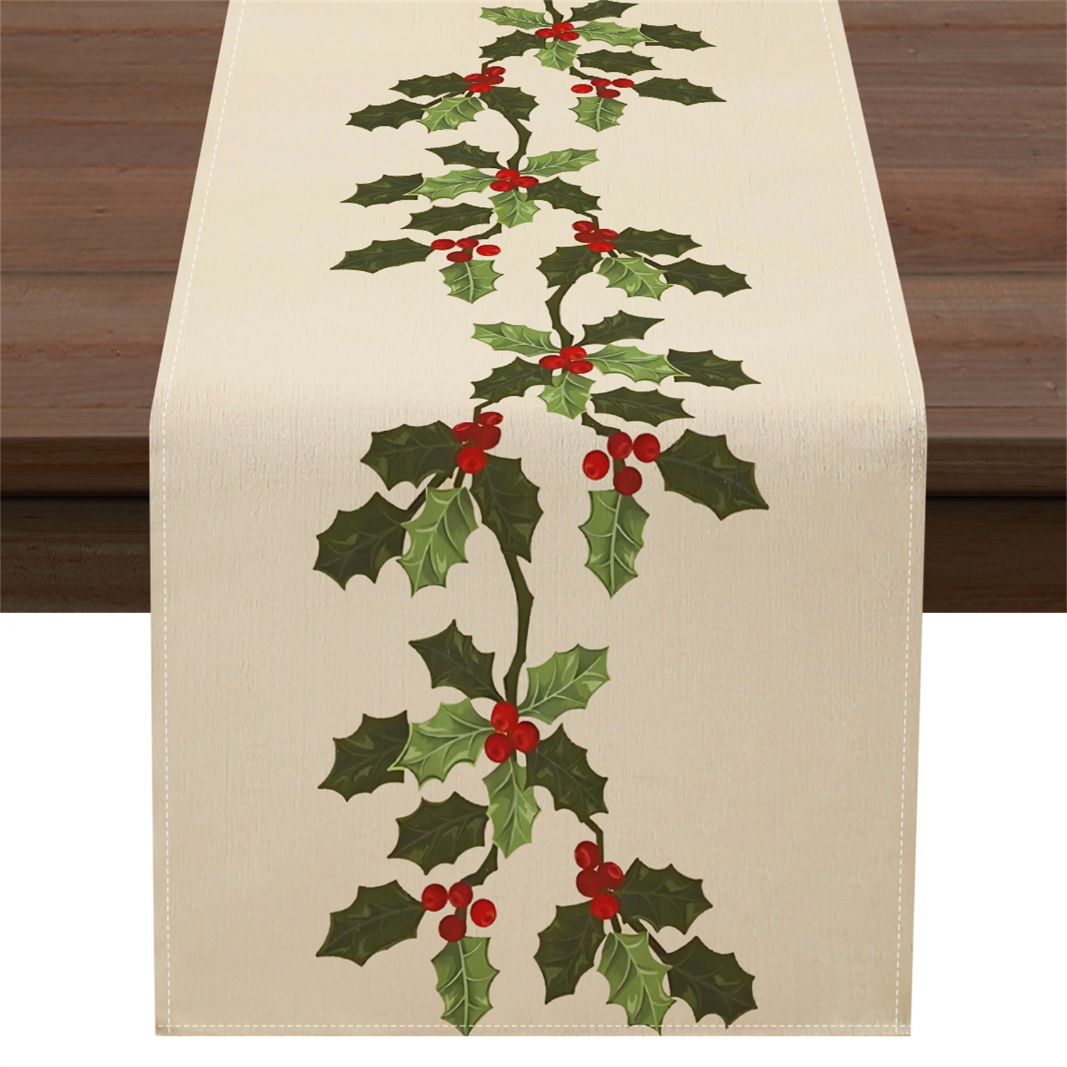 TEMU 1pc Hand-drawn Holly Leaf Berry Beige Background Christmas Table Runner For Kitchen Dining Table Decor, Holidays Decoration