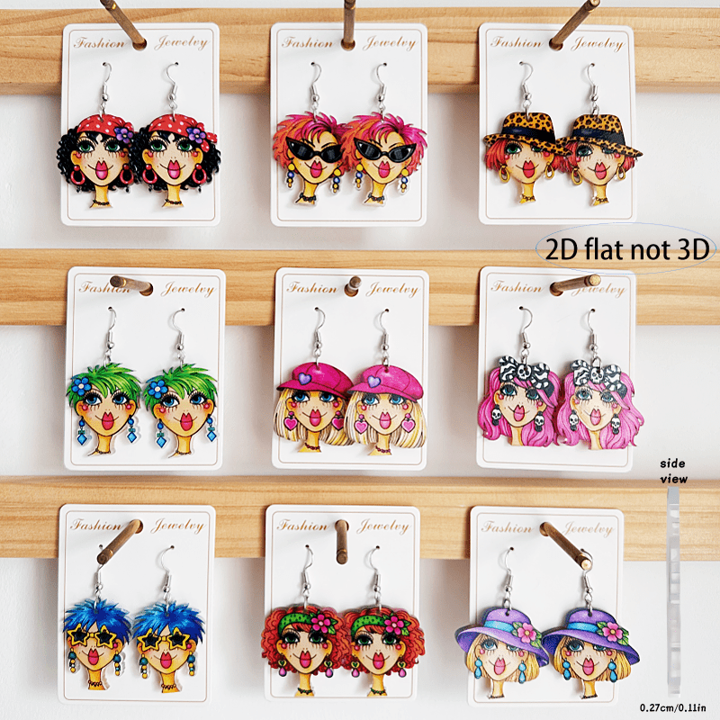 TEMU 2d Flat, 2d Flat 18pcs Vintage Cartoon Face Acrylic Drop Earrings, Y2k Fashion Trend Ear Accessories, 2d Flat